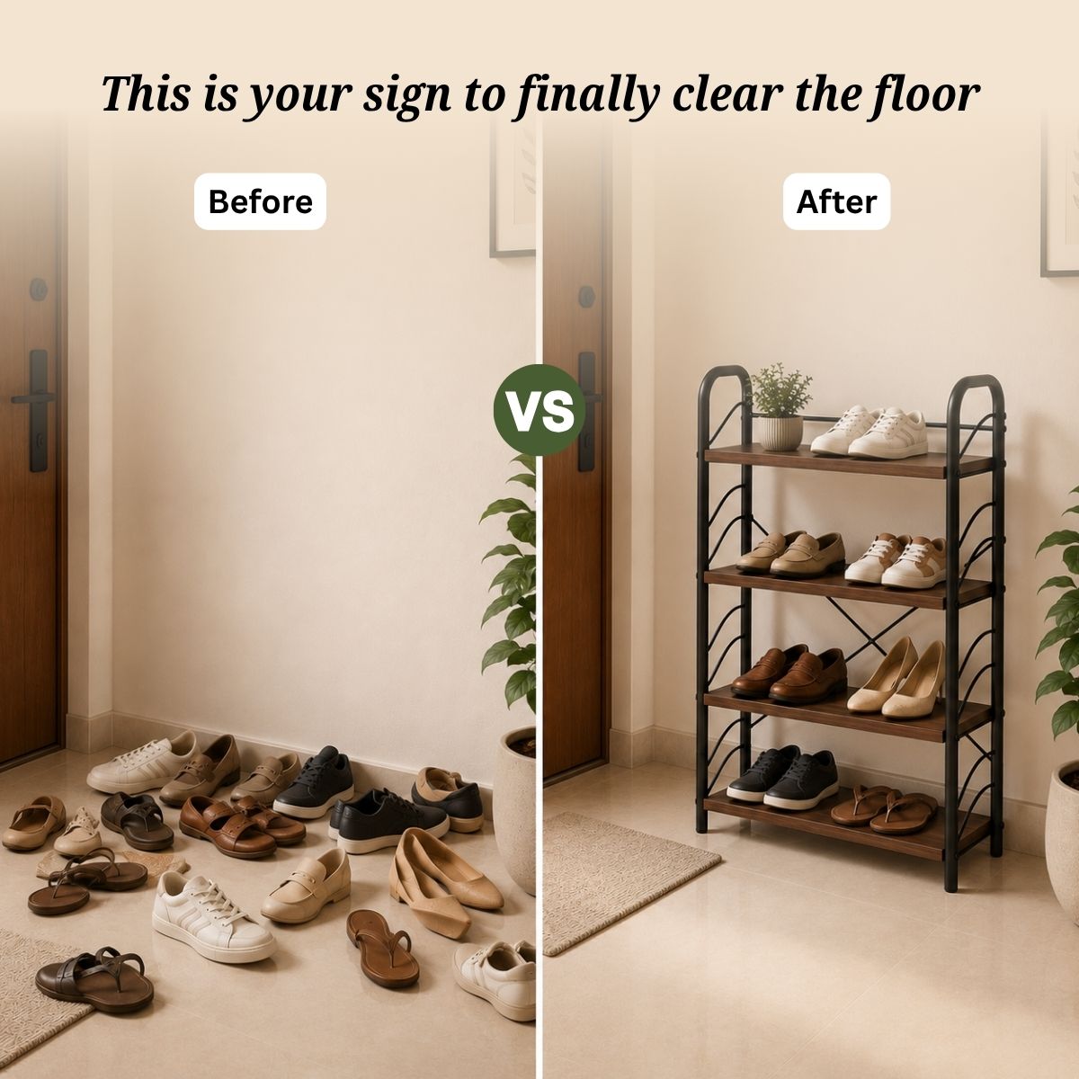 4-Tier Shoe Rack with Open Shelves | Wood & Metal Storage Organizer