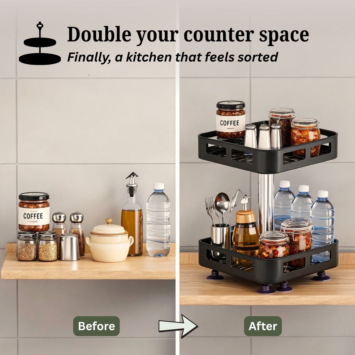 2-Tier Rectangular 360° Rotating Kitchen Rack | Stainless Steel | Spices, Jars & Masala Organizer