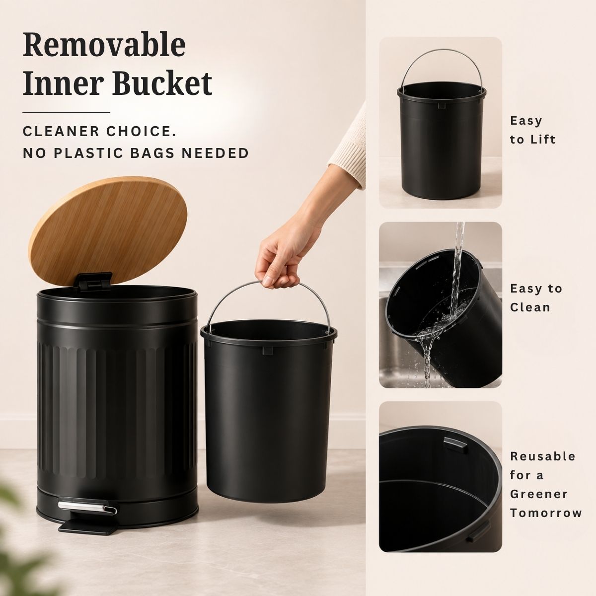 Metal Dustbin with Foot Pedal & Removable Bucket | Rust-Free Steel & Bamboo | 5L