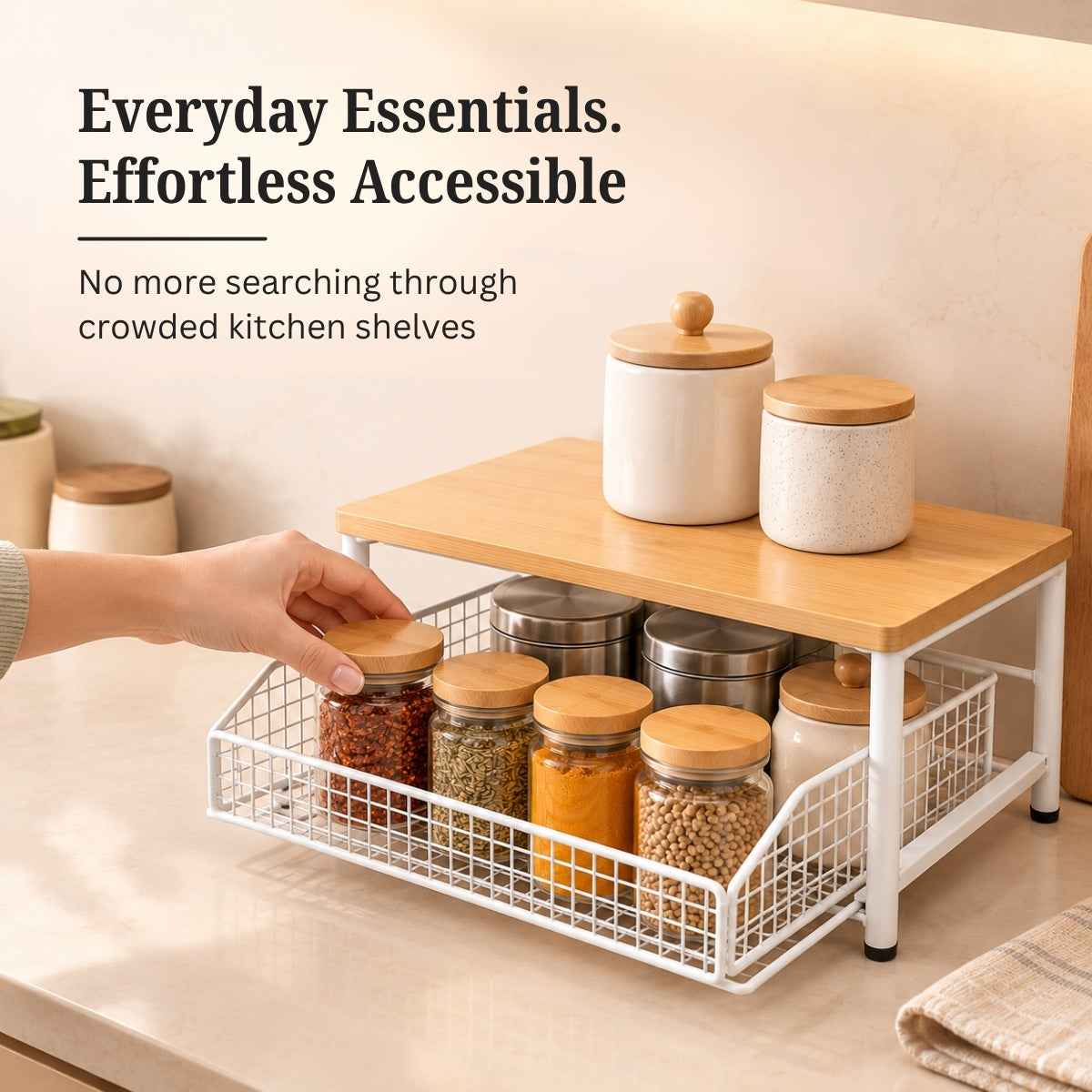 Premium Pine Wood Countertop Storage Organizer with Sliding Basket