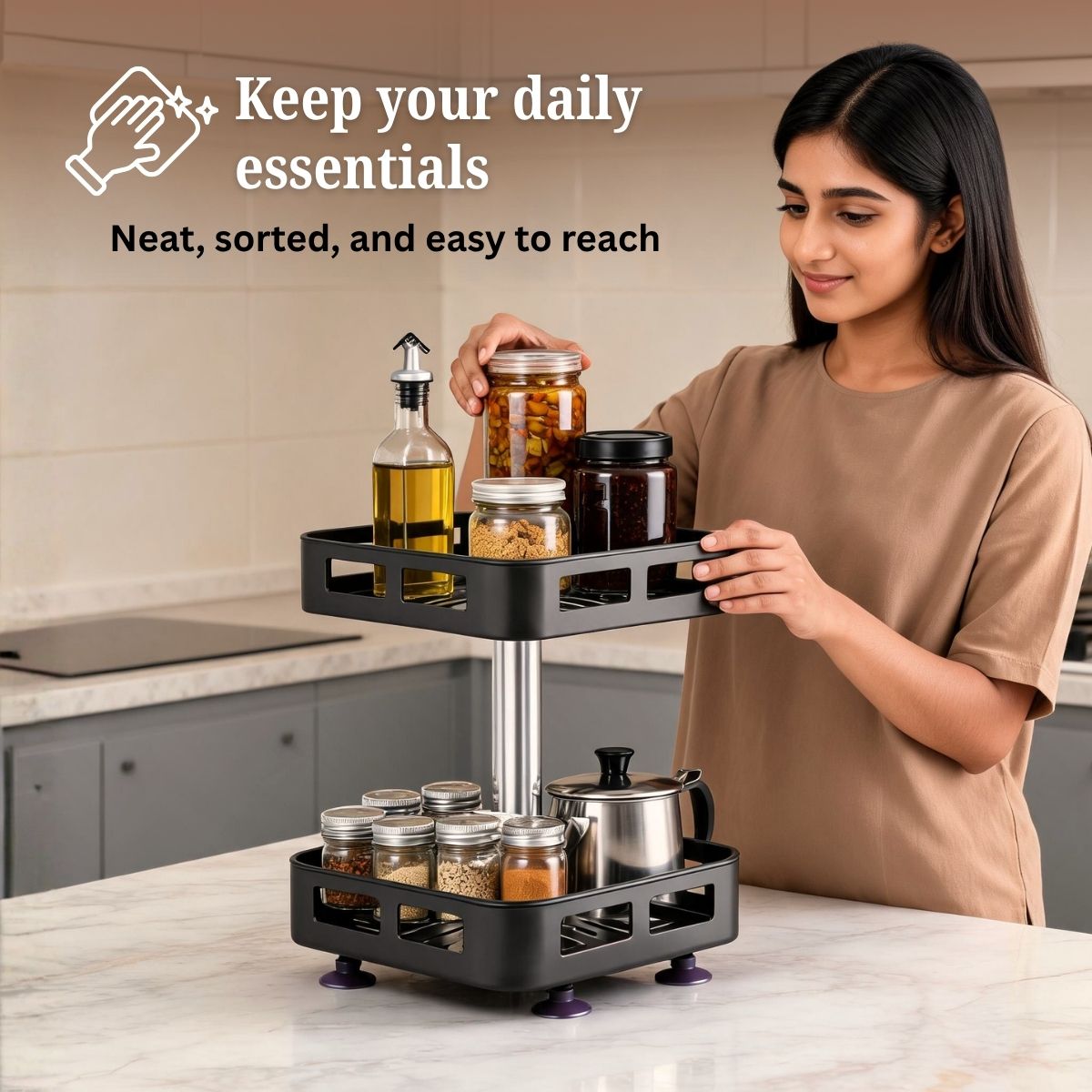 2-Tier Rectangular 360° Rotating Kitchen Rack | Stainless Steel | Spices, Jars & Masala Organizer