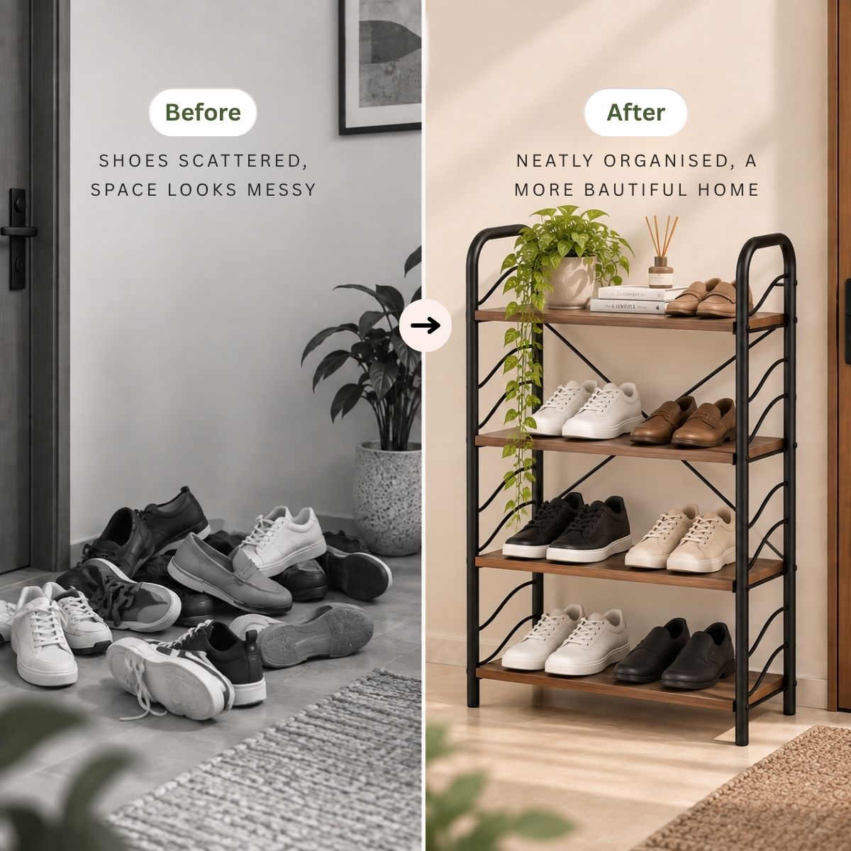 4-Tier Shoe Rack with Open Shelves | Wood & Metal Storage Organizer
