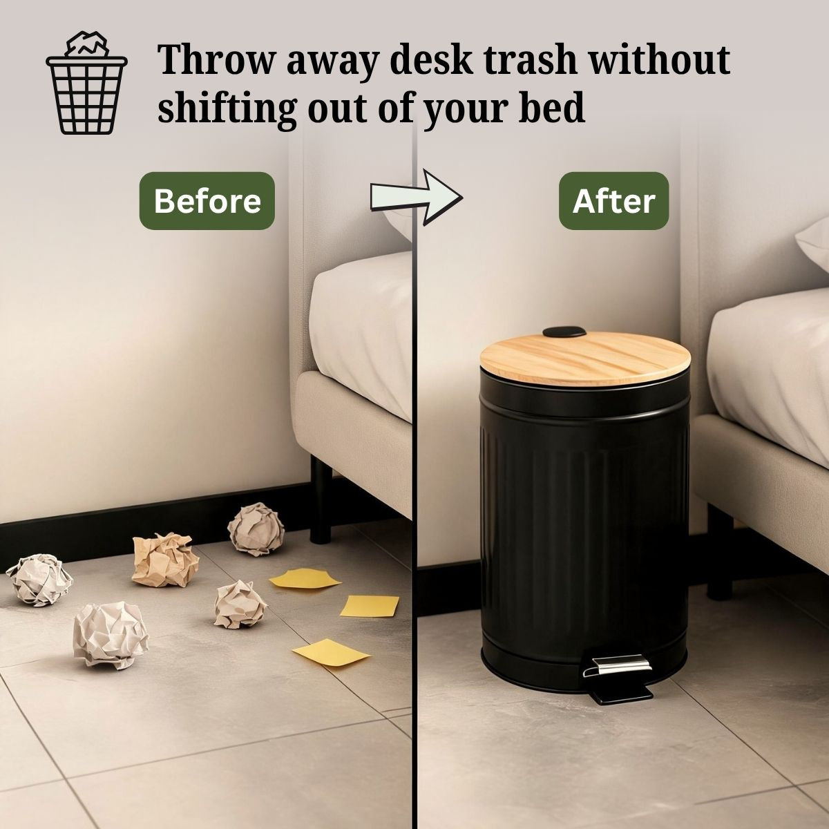 Metal Dustbin with Foot Pedal & Removable Bucket | Rust-Free Steel & Bamboo | 5L