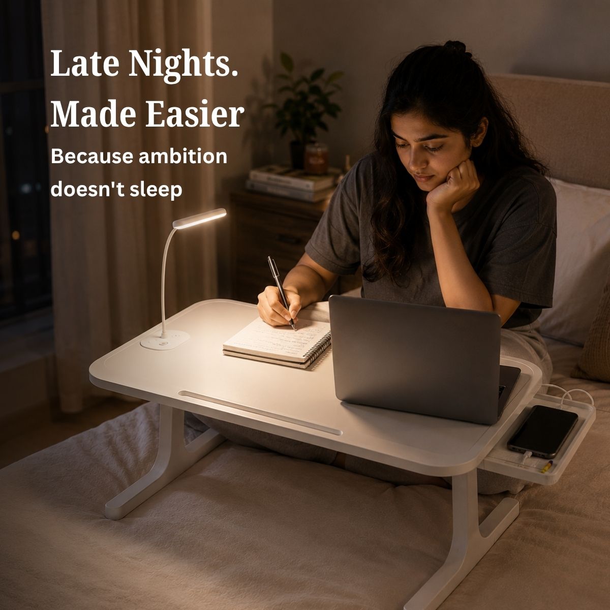 Portable Laptop Bed Station with LED Lamp & Charging