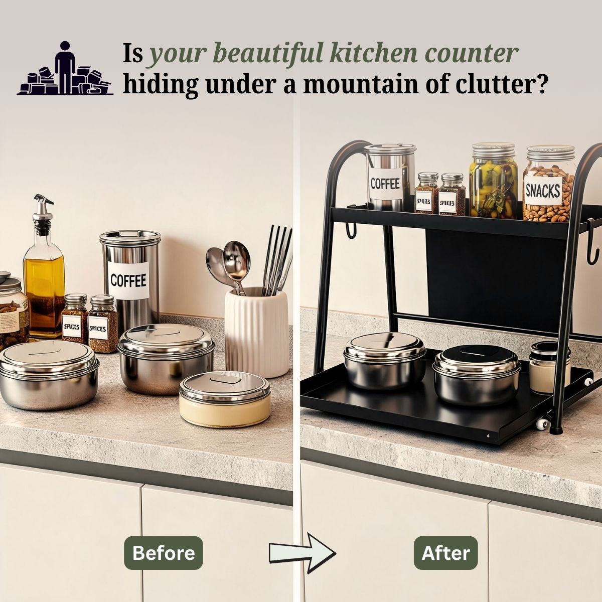 2-Tier Sliding Pull-Out Kitchen Storage Rack | Stainless Steel | Spices, Jars & Masala Organizer