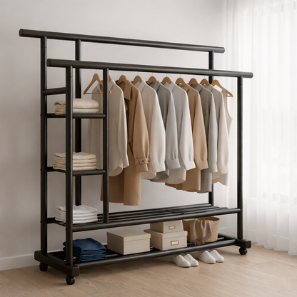 Premium Heavy Duty Double Clothing Rack with Storage Sections