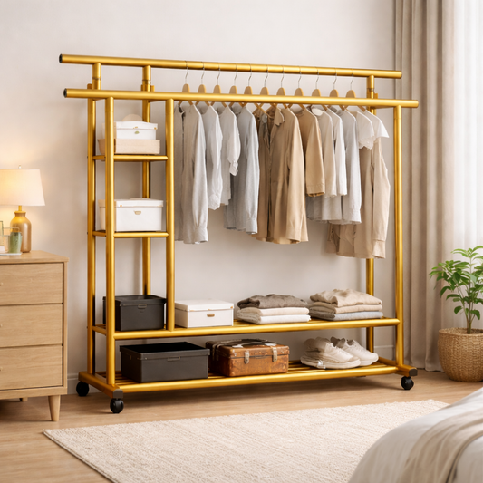 Premium Heavy Duty Double Clothing Rack with Storage Sections