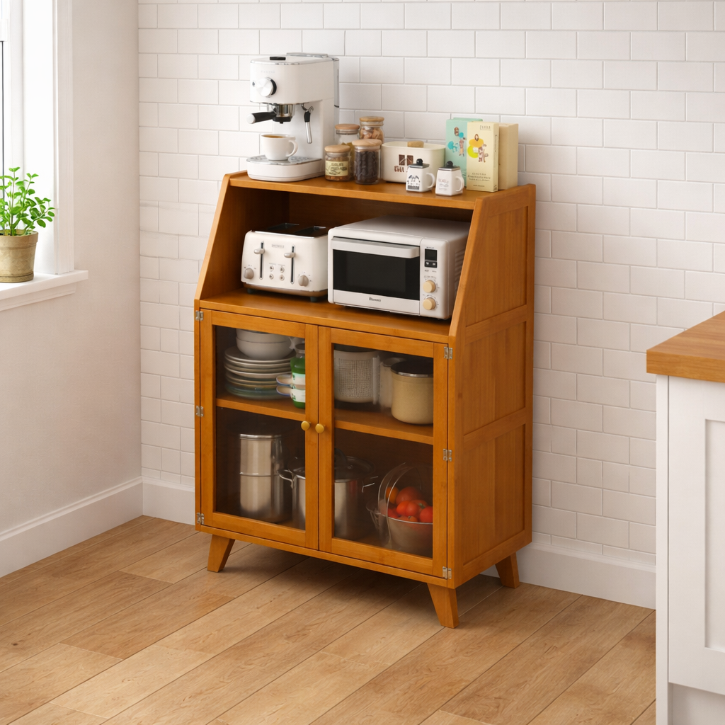 Bamboo Living Room Display Cabinet with Fluted Glass Doors India – SimplifiNest 4-Tier Floor Cabinet 94cm