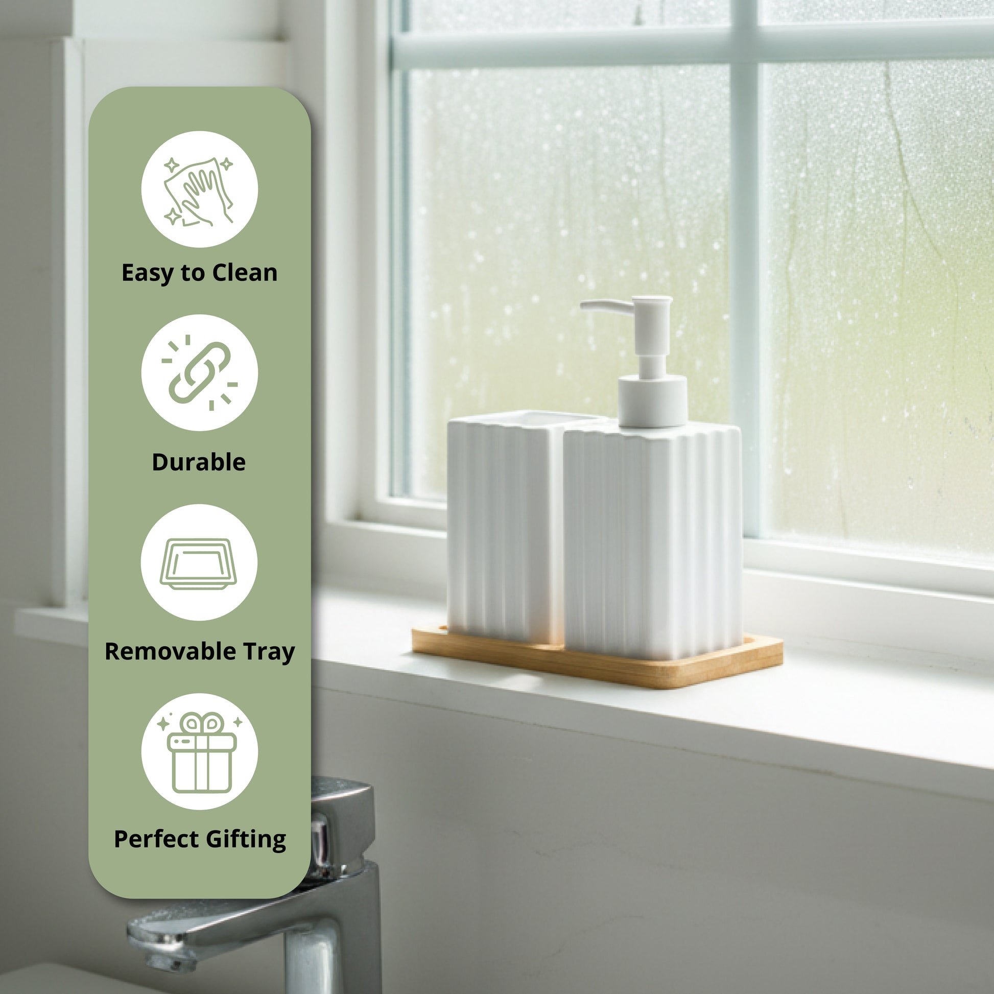 Ceramic Bathroom Set with Dispenser & Bamboo Tray - SimplifiNest