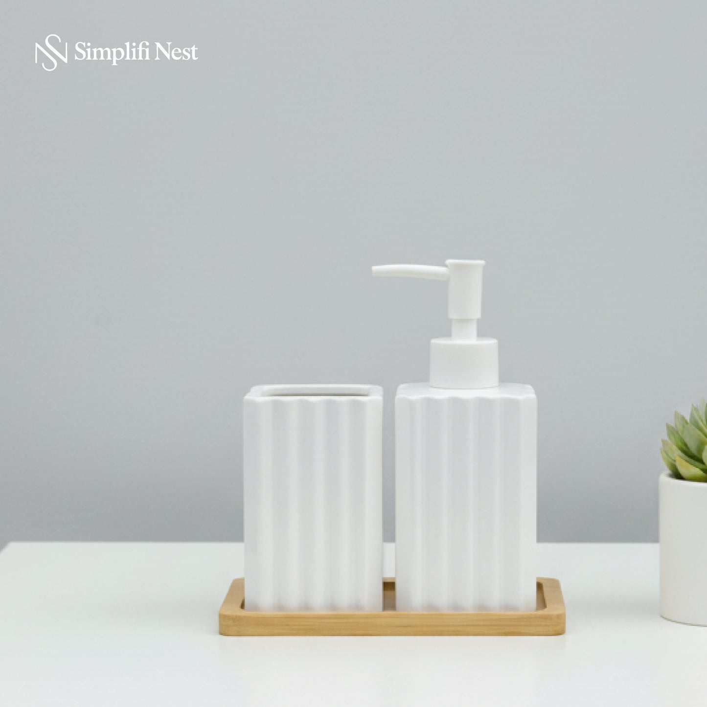Ceramic Bathroom Set with Dispenser & Bamboo Tray - SimplifiNest