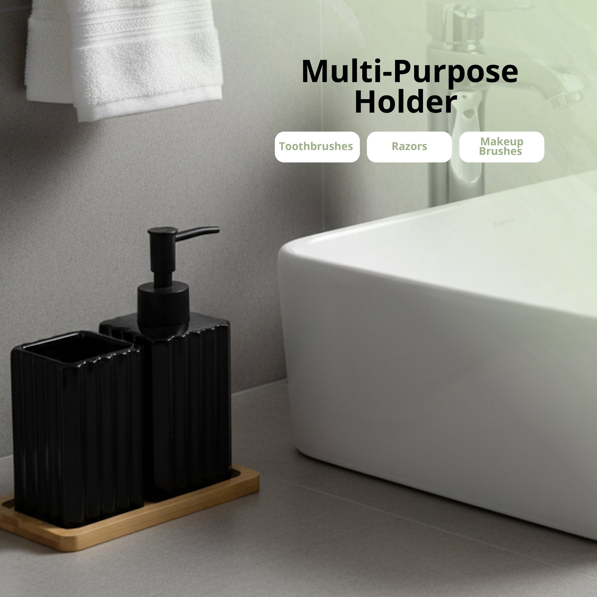 Ceramic Bathroom Set with Dispenser & Bamboo Tray - SimplifiNest