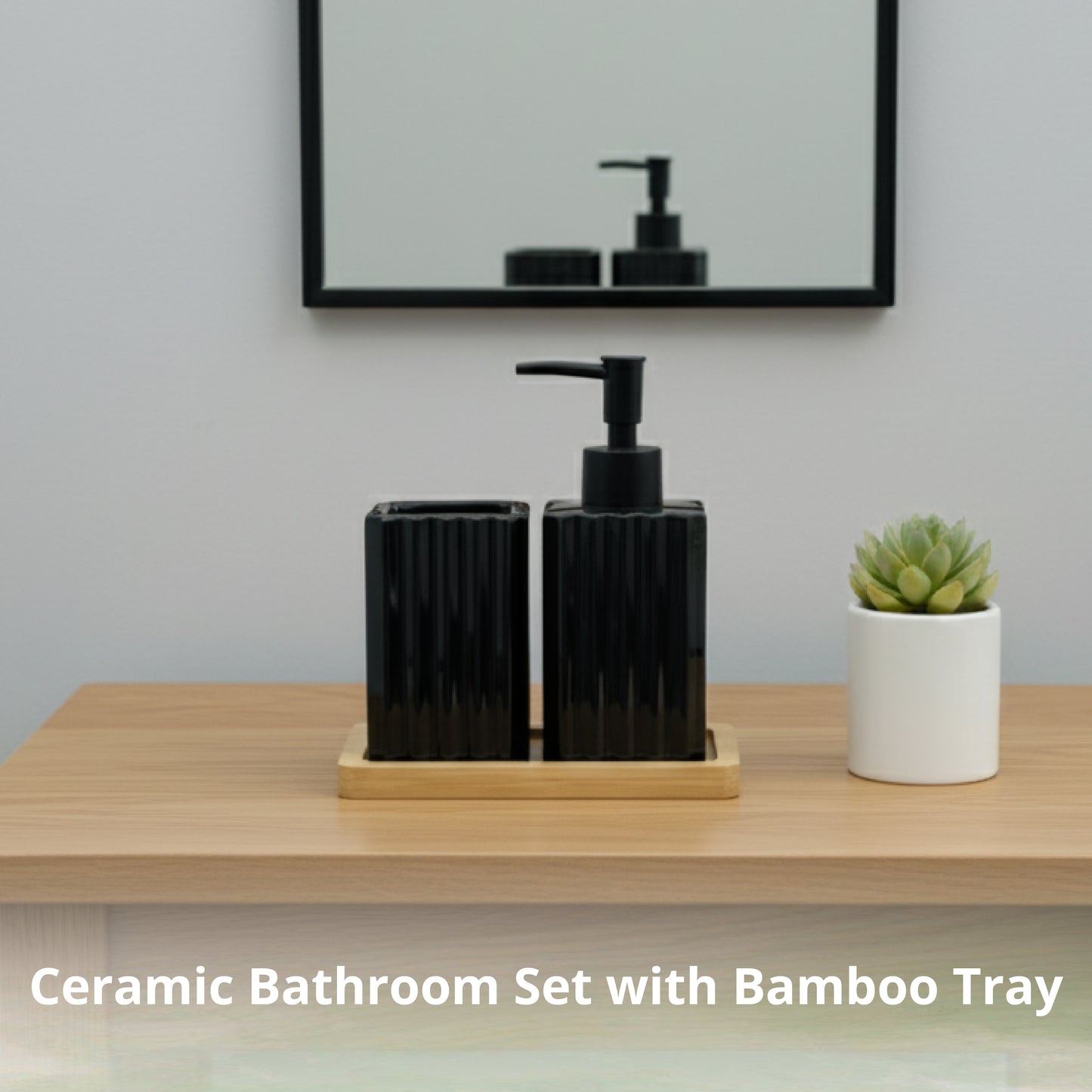 Ceramic Bathroom Set with Dispenser & Bamboo Tray - SimplifiNest