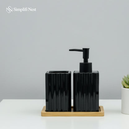 Ceramic Bathroom Set with Dispenser & Bamboo Tray - SimplifiNest