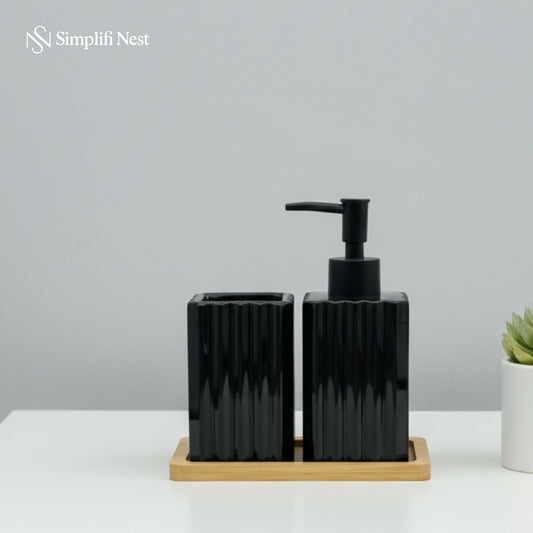 Ceramic Bathroom Set with Dispenser & Bamboo Tray - SimplifiNest